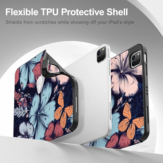 May Chen Case for iPad Pro 11 inch (4th 3rd 2nd &amp 1st Gen) 2022 2021 2020 2018 Trifold Stand + Pencil Holder + Auto Wake/Sleep + Soft TPU Protective Stand Back Cover Abstract Floral
