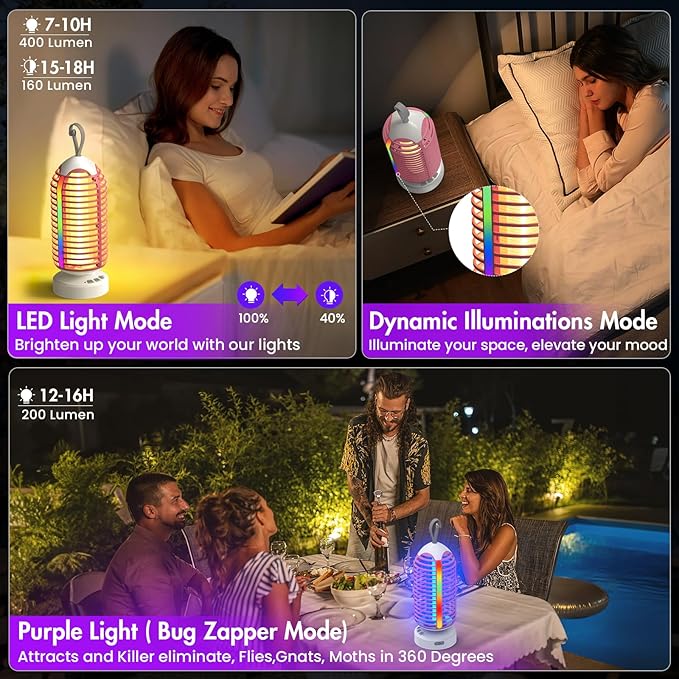 Bug Zapper Outdoor with Colorful Lighting and Auto-Sensing, 3 in 1 Cordless 4000mAh Battery Electric Fly Trap, Rechargeable Mosquito Zapper for Camping, Patios, Garden, Kitchen (2Pack-Pink)