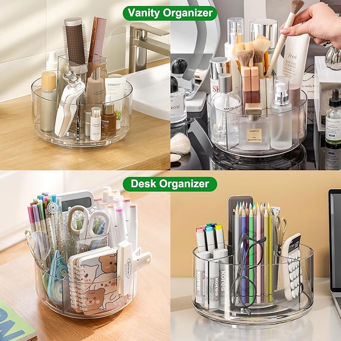 Taiuloo 360 Rotating Makeup Organizer, Lazy Susan Cosmetics Storage Turntable, Round Spinning Brush & Pen Holder, Clear Acrylic Organizer Tray for Vanity, Bathroom, Office Desk