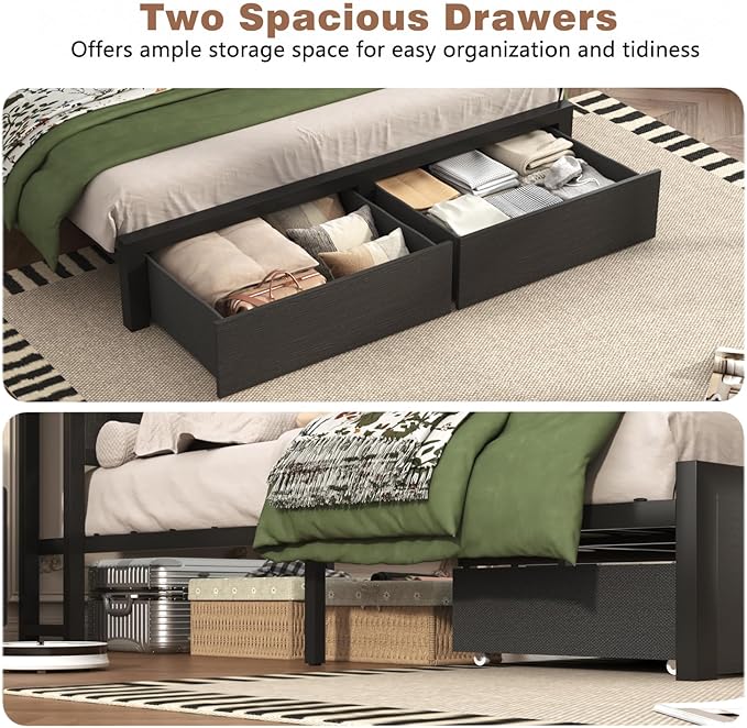 Farmhouse King Bed Frame with Bookcase Storage Headboard, Charging Station, LED Light and 2 Storage Drawers, Noise Free, No Box Spring Needed, Black
