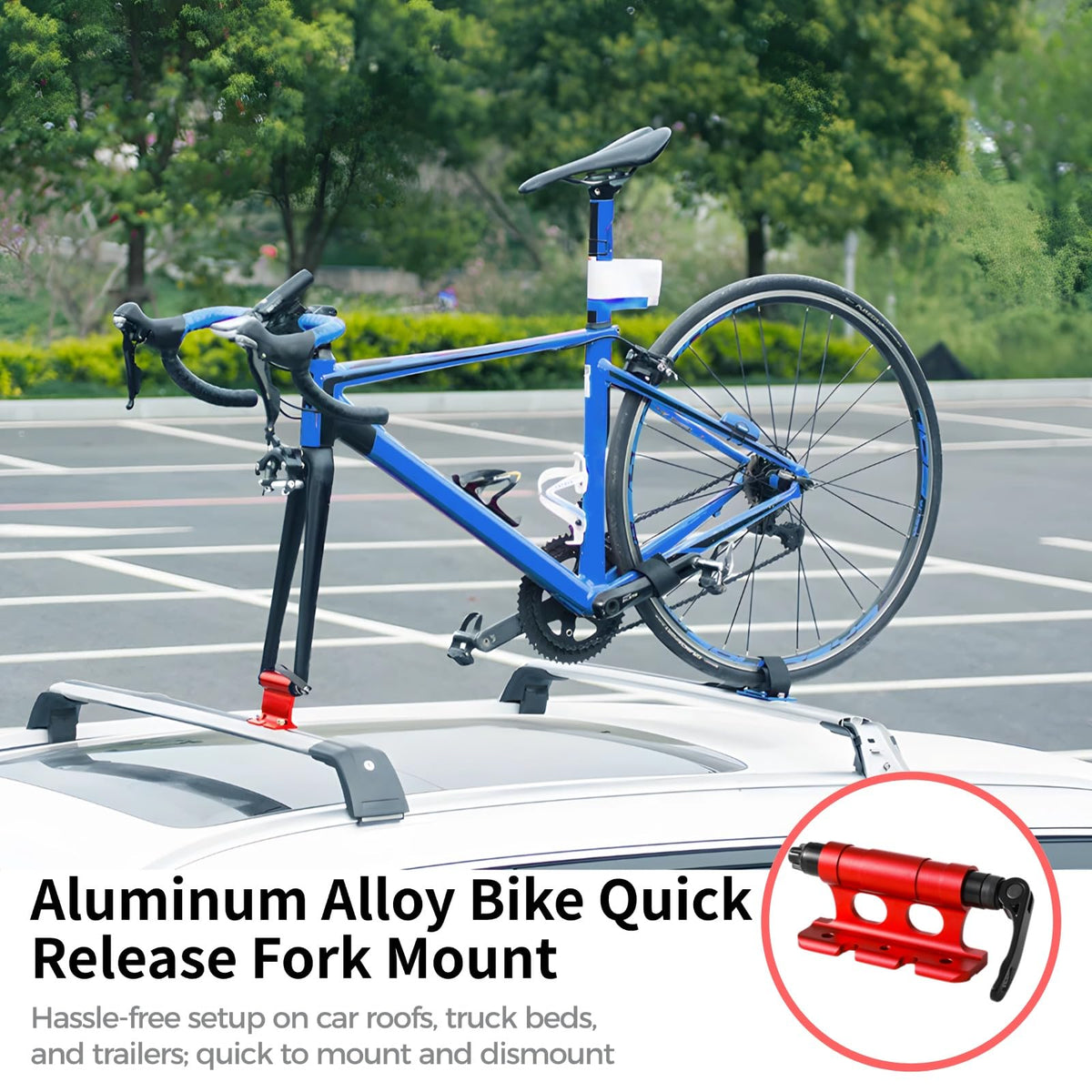 Bicycle Quick Release Front Fork Mount - Thru Axle Carrier Bike Fork Rack Block with 4 Adapters, Car Roof or Trunk Installation Bike Stand Holder for Car Truck Van