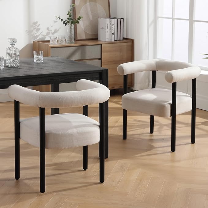 Mid-Century Modern Dining Chairs Set of 2, Armrest Barrel Dining Chairs Side Accent Chairs with Curved Back, Upholstered Wood Armchairs for Kitchen, Linen Beige
