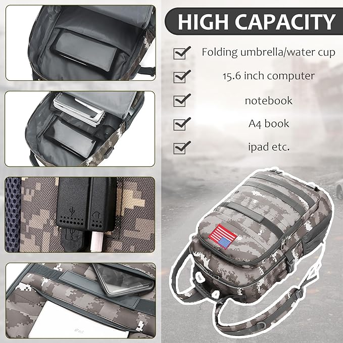 School Backpack for Boys - 4pcs Camo Boys Backpack with Lunch Box Set for Kids Teens Elementary Middle School - 18″ Camouflage Bookbag with Usb Charging Port
