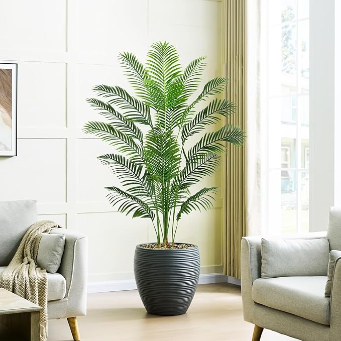 Artificial Fake Palm Tree with 18 Trunks and Real Bark Design, Premium Polyester,Tropical Paradise Palm Tree in Pot (1, White, 6 FT)