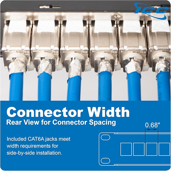 ICC 24-Port CAT6A Keystone Shielded 1U Patch Panel with CAT6A Shielded Keystone Jacks, 19” Rackmount Housing and Cable Support Bar, Protects Against EMI, UL Listed PoE++ Compliant, ICMPP246AS