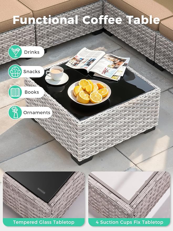 13 Piece Outdoor Wicker Rattan Sectional Sofa Set with 55,000 BTU Fire Pit Table, 10-Seats with 4" Thickened Cushions & Coffee Table, All-Weather PE Rattan for Garden, Backyard, Porch, Beige