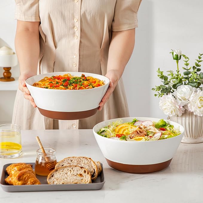 MALACASA Serving Bowls, 105oz Large Salad Bowls for Party, Entertaining, Big Ceramic Bowls for Soup, Fruit and Pho, 2-Pc Wide Bowl Set, White & Brown