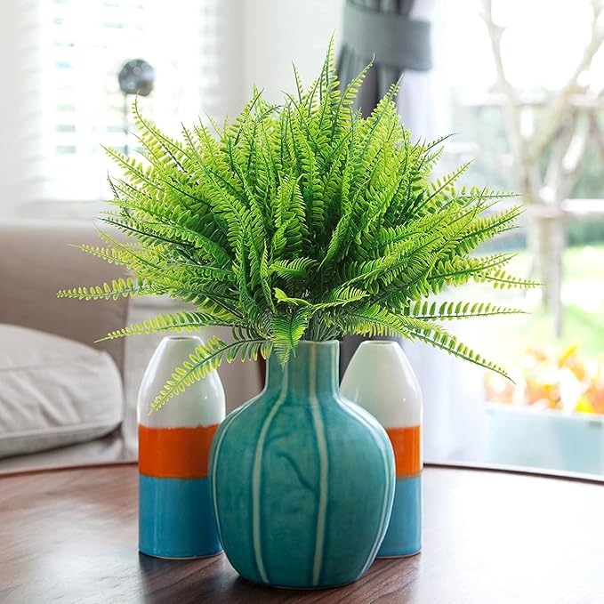 20 Bundles Artificial Boston Fern Plants – Lifelike UV Resistant Fake Plants for Outdoor & Indoor, Faux Greenery Stems for Garden, Porch, Patio, Yard, Home, Office Decor