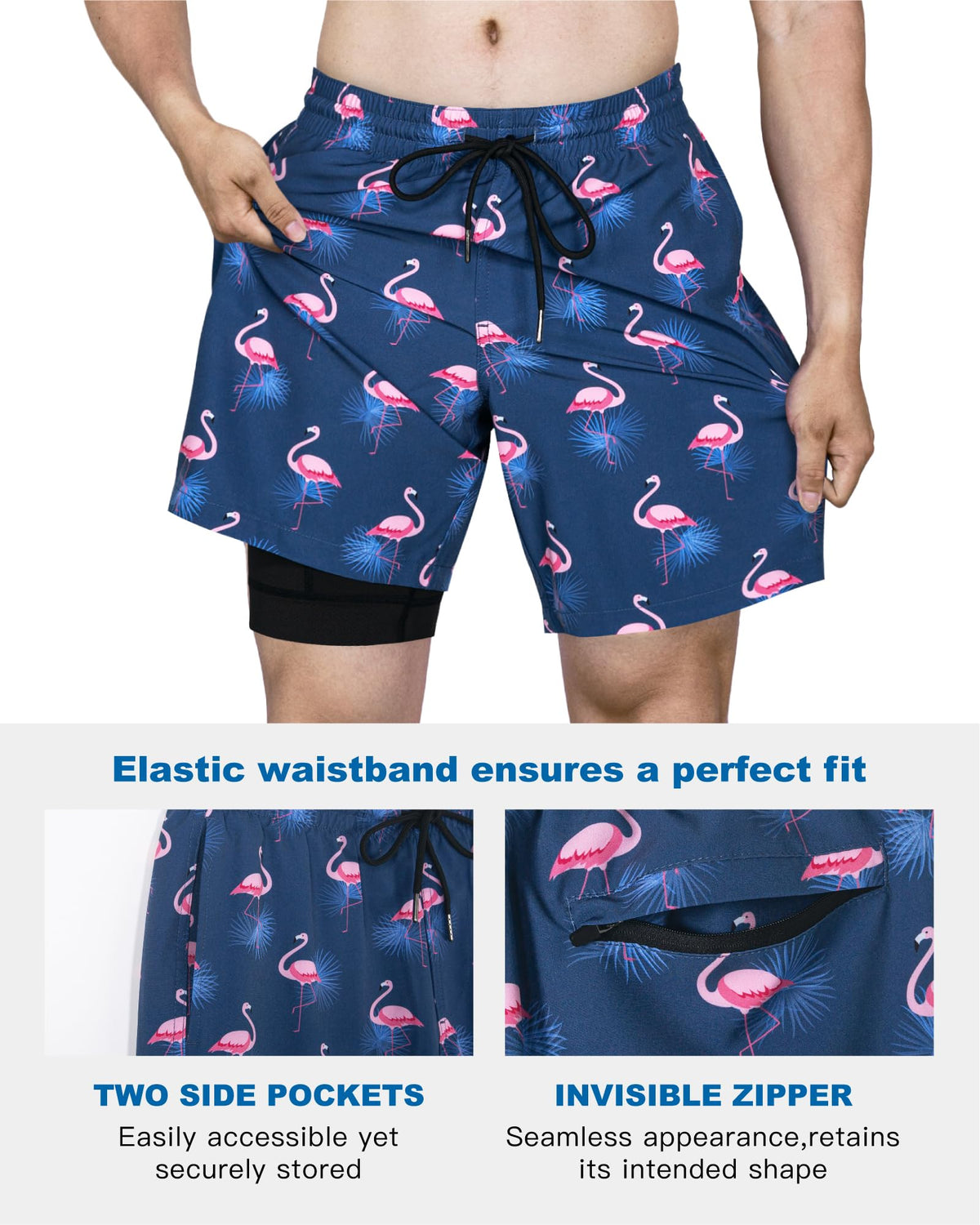 SURF CUZ Mens Swim Trunks with Compression Liner Quick Dry Swim Shorts 7" Swimming Trunks Stretch Zipper Pockets,Sunny Flamingos,M