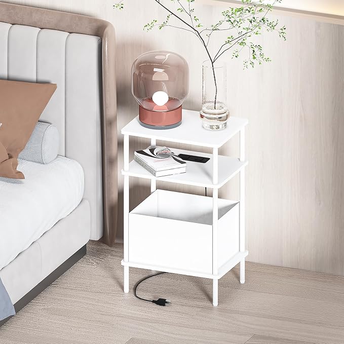 Small Side Table with Charging Station, Set of 2 End Table for Small Spaces, Slim Nightstand with Outlet,Sofa Beside Table, 3-Tier Storage Shelf,Living Room, Bed Room, Natrual White