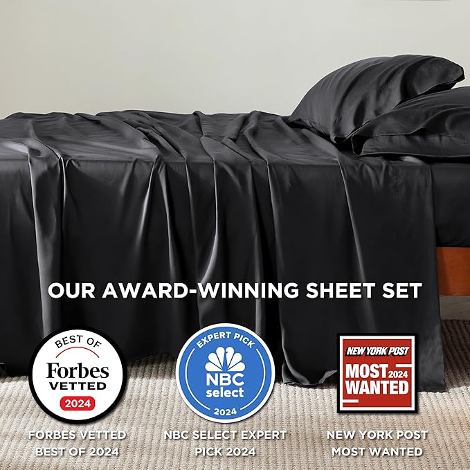 Bedsure Queen Sheets, Rayon Derived from Bamboo, Queen Cooling Sheet Set, Deep Pocket Up to 16", Breathable & Soft Bed Sheets, Hotel Luxury Silky Bedding Sheets & Pillowcases, Black