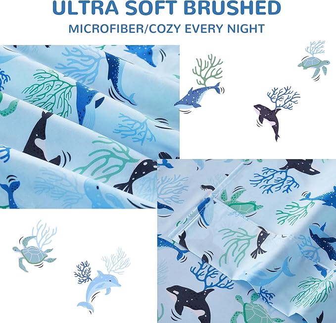 Viviland 3 Pieces Boys Blue Ocean Twin Sheet Set - Soft Microfiber Fitted Flat Sheets & Pillowcase - Blue Ocean Whales, Sea Turtles, Marine Organisms Bedding Sets - for Kids & Toddlers