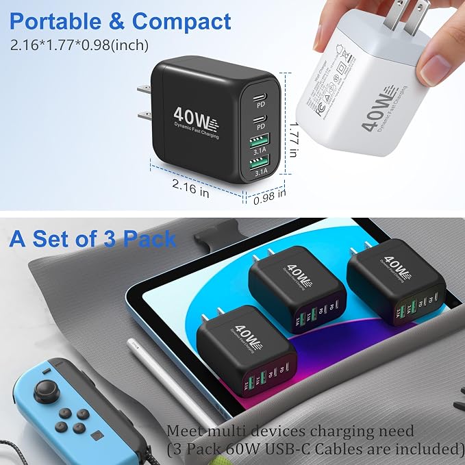 USB C Charging Blocks Costyle Multi USBC Wall Fast Charger Plug Adapter PD/PPS 25W Super Fast Type C Charging Block for Samsung S26 Ultra S25 S24 A16 A17 iPhone 17 16e 15 Pro Max+3 Pack USB-C Cable