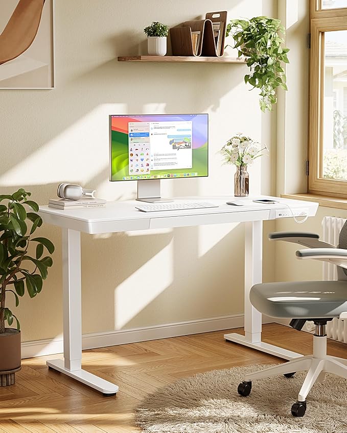 Marsail Standing Desk with Drawer, 48 x 24 inch Whole Piece Tabletop Electric Standing Desk, Height Adjustable Desk with USB Charging Ports, Sit Stand Desk with Storage for Home & Office White