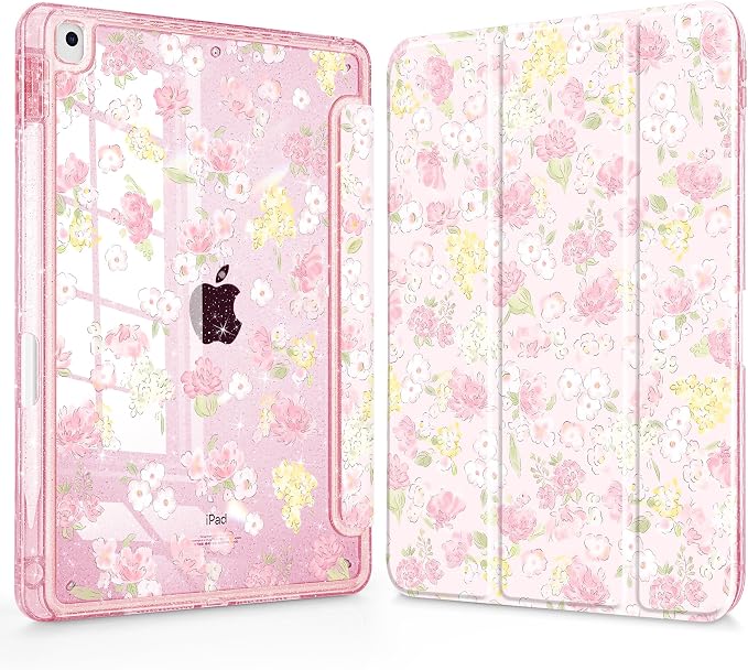 Mektron Sparkly Case for iPad 10.2 inch Glitter Tablet Cases for iPad 9th Gen 2021/8th Gen 2020/7th Gen 2019 Cover with Shiny Clear Back Shell Foldable Bling Smart Cover Blue Floral