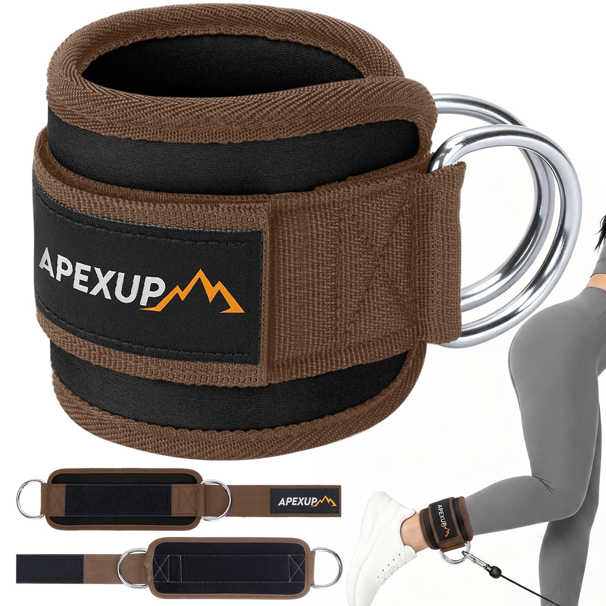 APEXUP Ankle Strap for Cable Machine, Ankle Resistance Bands, Cable Kick Back Straps for Gym, Glute Workouts, Leg Extensions, Adjustable Straps with Neoprene Padding (Pair, Mocha)