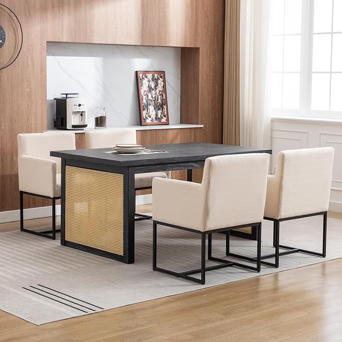 Linen Upholstered Dining Chairs with Arms Set of 2, Mid Century Modern Kitchen Chairs with Black Metal Frame Accent Armchairs Padded, Cream