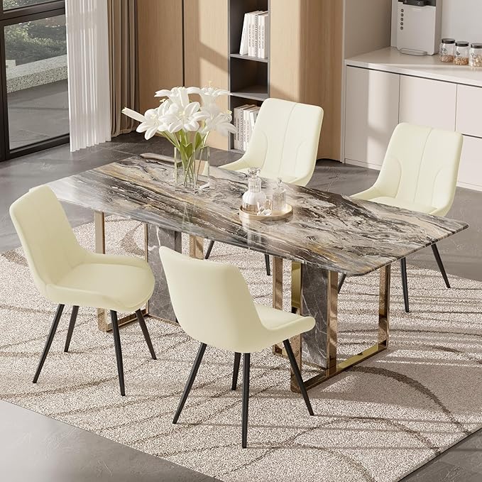 Upholstered Dining Chairs Set of 4, Modern Faux Leather Dining Room Chairs with Thick Cushion and Metal Legs, Kitchen Chairs with Back for Dining Room, Cream