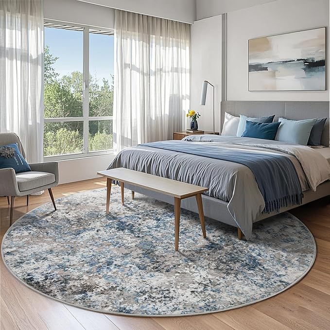 5ft Round Area Rug for Living Room- 5x5 Washable Neutral Abstract Rug for Bedroom Modern Soft Dining Room Rug No Slip Low Pile Carpet for Nursery Home Office Decor - Grey/Blue