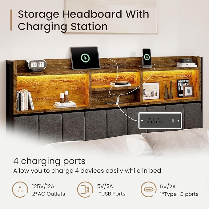 Queen Bed Frame with 6 Storage Drawers, Linen Upholstered Headboard, Built-in USB Charging Station & LED Lighting, Silent Metal Support, No Box Spring Needed, Vintage Brown