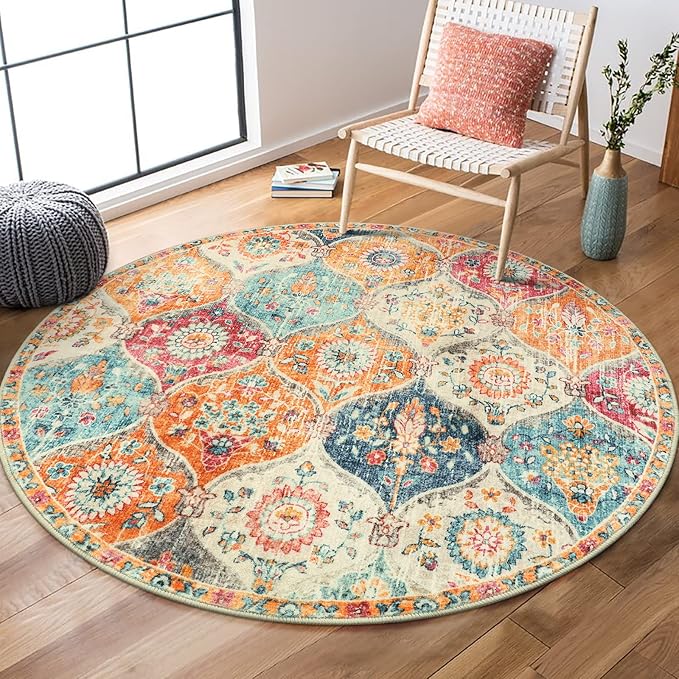 Lahome Moroccan Trellis Round Area Rugs, Washable Small Round Rug 3ft Non-Slip, Soft Vintage Ultra-Thin Circle Carpet for Bedroom Entryway Kitchen Laundry Bathroom, Cream/Multi