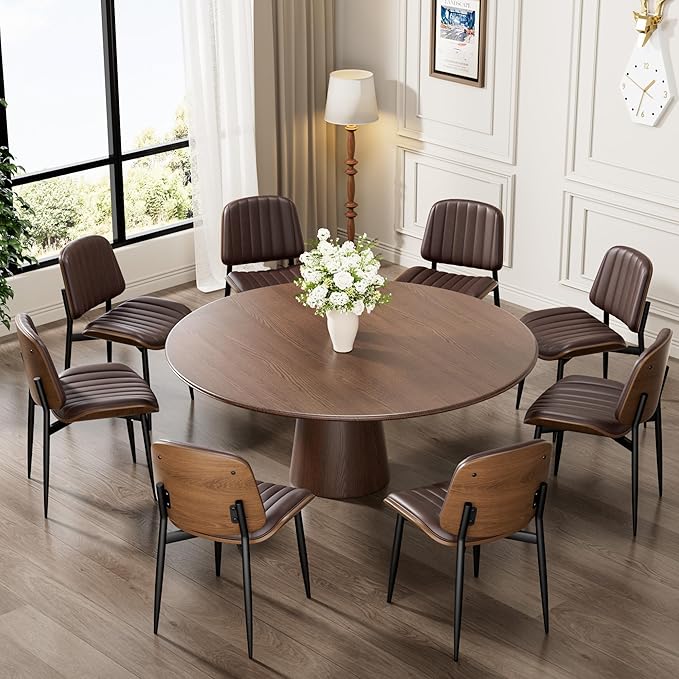 Dining Chairs Set of 6, Mid-Century Modern Upholstered PU Leather Chairs with Walnut Bentwood Back and Metal Legs Adjustable Feet for Kitchen Dining Living Room, Dark Brown Vertical Stripes