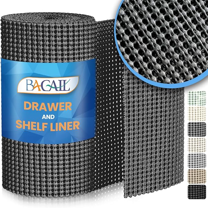 BAGAIL Drawer and Shelf Liner, 12 in X 20 Ft Non-Adhesive Shelf Liners for Kitchen Cabinets, Thick Strong Grip Liners for Desk, Shelves, Bathroom Drawers, Cabinet Protection - Charcoal