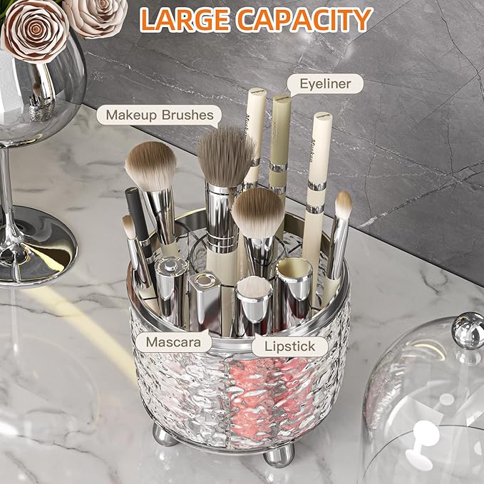 Makeup Brush Holder with Lid, 360° Rotating Cosmetic Tools Organizer with Cover, Dustproof Spinning Makeup Brush Organizer for Vanity, Ideal Gift for Girlfriend Wife Friends (Gray)