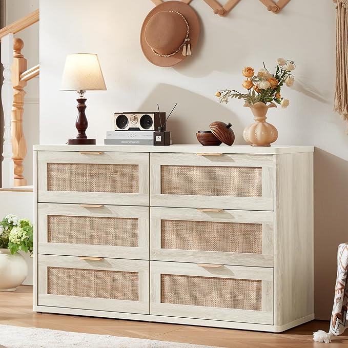 LEYAOYAO Rattan Dresser for Bedroom Set of 2, Boho 48" Wide White Dresser Chest of Drawers, Dressers TV Stand with Metal Handle, Storage Dressers Closet Organizer for Living Room, Hallway