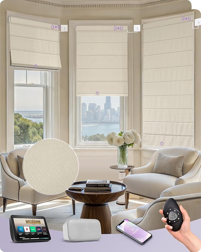 Graywind Smart Roman Shades Compatible with Alexa Google WiFi Hardwired Automatic Blinds with Remote Blackout Plain Fold Soft Roman Window Shades for Windows Doors, Custom Size (Matelasse Beige)