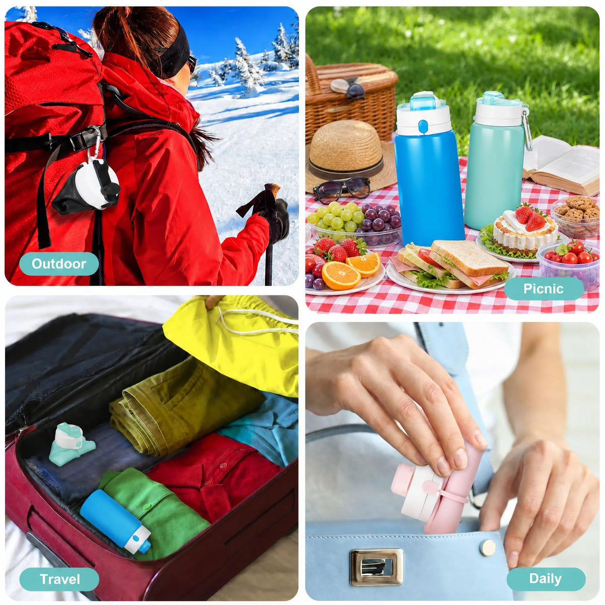 2 Pack Collapsible Water Bottles, 19oz Foldable Silicone Travel Bottles