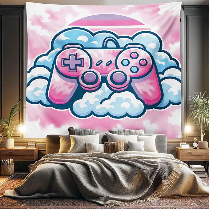 Ambesonne Pink Tapestry King Size, Girly Gamer Concept Design with a Controller and Clouds on a Soft Tie Dye Sky, Wall Hanging Bedspread Bed Cover Wall Decor, 104" X 88", Purple Pale Blue
