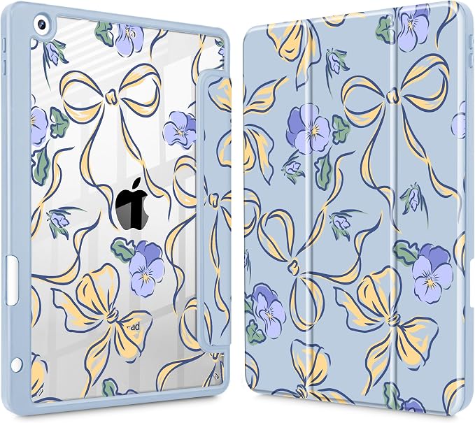 Case for iPad 9th/8th/7th Generation 10.2-Inch (2021/2020/2019 Release) with [Built-in Pencil Holder] Shockproof Cover with Clear Transparent Back Shell &amp Auto Wake/Sleep - Blue Bows