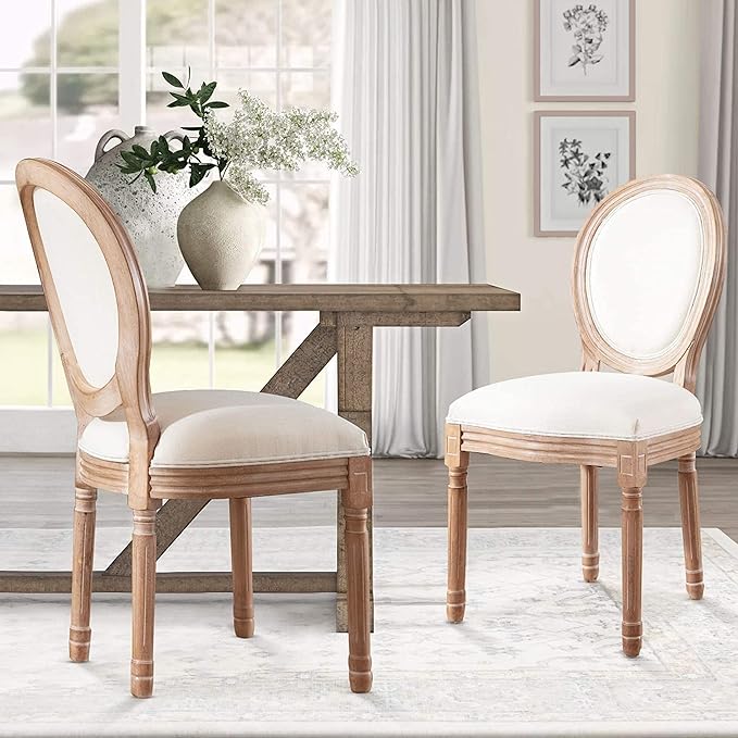 Nrizc French Dining Chairs Set of 2, French Country Dining Chairs, Vintage Farmhouse Dining Chairs with Round Back, Solid Wood Beige Fabric Dining Room Chairs, for Kitchen, Bedroom, Dining Room