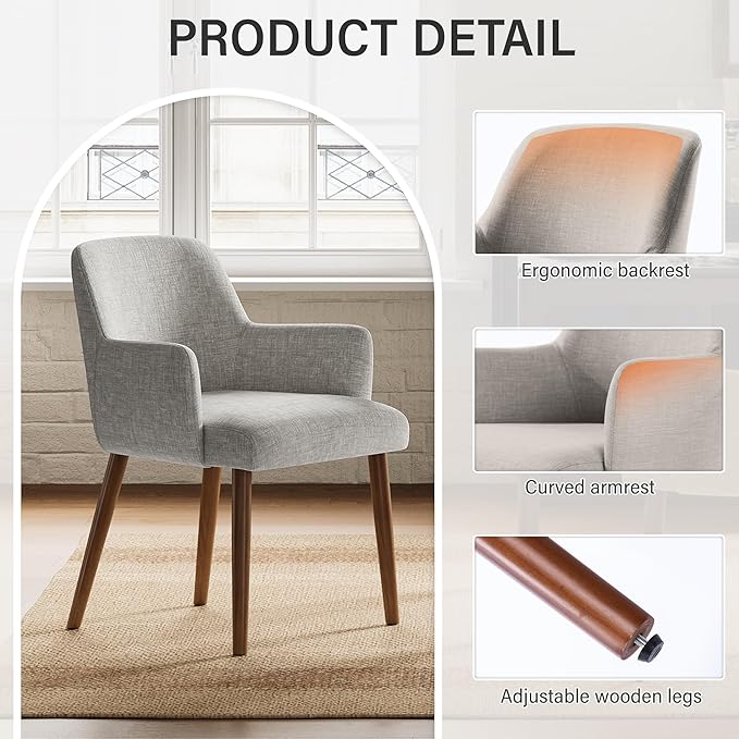 Upholstered Dining Chairs Set of 4, Modern Kitchen Chairs with Back and Curved Armrest, Fabric Side Dining Room Chairs with Wood Legs for Kitchen Dining Room Restaurant, Grey