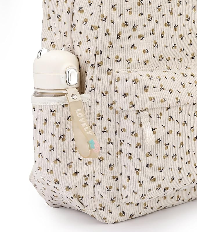 Backpack for Girls Boy Teen Corduroy Bookbags Elementary Middle High School Women Laptop Bag with Lunch Box Pencil Bag (Flower Beige)