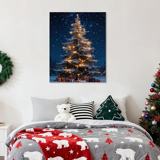 Framed Christmas Pictures Wall Decor,Vintage Pine Tree Prints,Winter Christmas Canvas Wall Art Decoration for Bedroom Bathroom Living Room Rustic Xmas Holiday Gifts (Christmas Tree 13, 16'' X 24'')