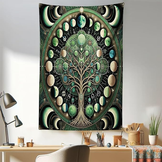 Ambesonne Green Tapestry, Moon Phases Around a Tree of Life Enhance Night Boho Astrology Design Print, Fabric Wall Hanging Decor for Bedroom Living Room Dorm, 30" X 45", Black Ecru and Blue