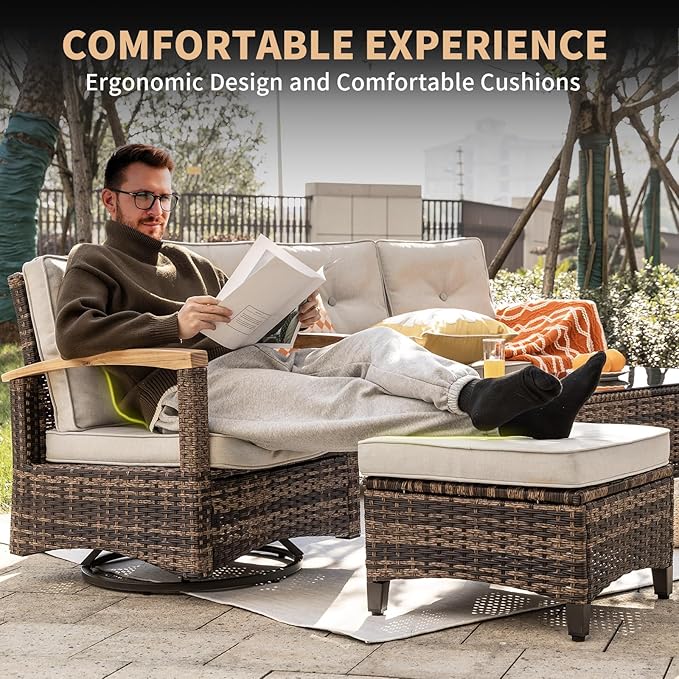 MEISSALIVVE 10 Pieces Outdoor Patio Furniture Sets,PE Wicker Patio Conversation Sets with 4 Wood Armrests Swivel Rocker Chairs，2-seat Sofa and Coffee Table(Brown)