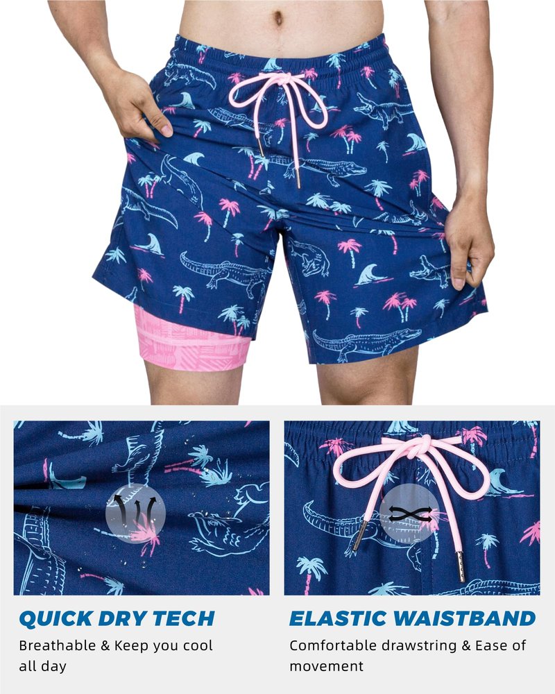 SURF CUZ Mens Swim Trunks with Compression Liner Quick Dry Swim Shorts 7" Swimming Trunks Stretch Zipper Pockets,Neon Crocodile,XXL
