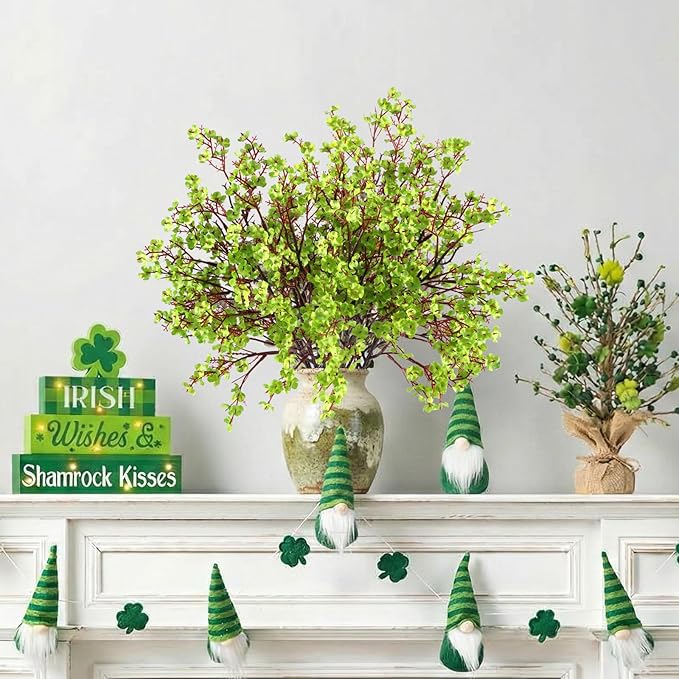 Hananona 10 Pcs Babys Breath Green Flowers Artificial Gypsophila Flowers St. Patrick's Day Fake Silk Flowers for Home Decor Spring Floral Arrangement Table Centerpieces