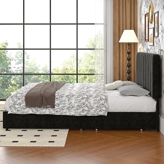 VECELO Full Size Upholstered Bed Frame with 4 Drawers and Headboard, Velvet Platform Storage Bedframe, Wooden Slats Support, No Box Spring Needed,Black
