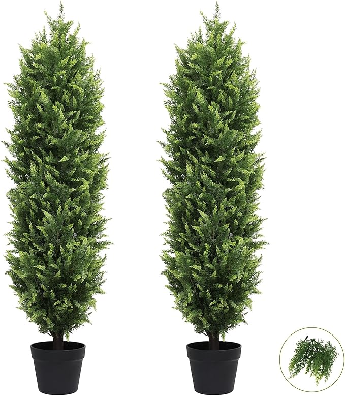 THE BLOOM TIMES 4FT Tall Artificial Cedar Topiary Trees Set of 2, UV Resistant Large Faux Cypress Evergreen Plants for Outdoor Planters, Realistic Fake Bushes & Shrubs for Front Porch Christmas Decor