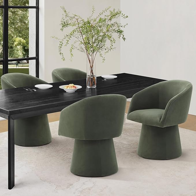 Swivel Dining Chairs Set of 2, Upholstered Mid Century Modern Deskchair with Barrel Back, Linen Fabric Kitchen Chairs for Dining Room, Bedroom, Dressing Room, Green