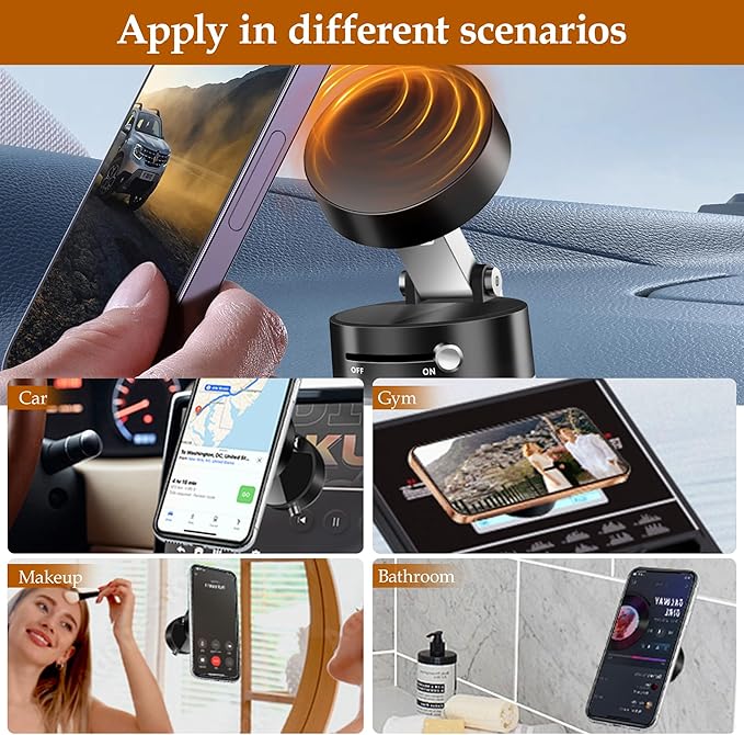 Foldable Vacuum Magnetic Suction Phone Holder,Retractable Magnetic Car Cellphone Holder,Hands-Free Portable Multifunctional Vacuum Suction Phone Mount for Car, Mirror, Gym, Kitchen (Black)