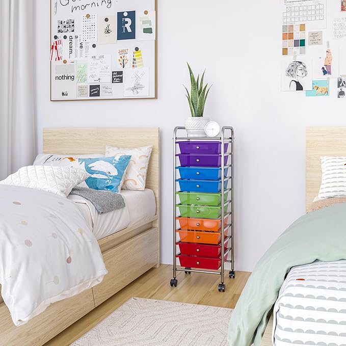 Seville Classics Rolling Utility Organizer Storage Cart, for Home Office, School, Classroom, Scrapbook, Hobby, Craft, 10 Drawer, Multicolor (Pearlized)