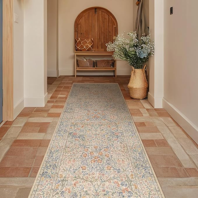 Vintage Beige Blue 2'6" x 8' Runner Rug for Hallway, Kitchen, Bathroom, Entryway Indoor, Washable Non Slip Rubber Backing Stain Resistant - Botanical Home Decor