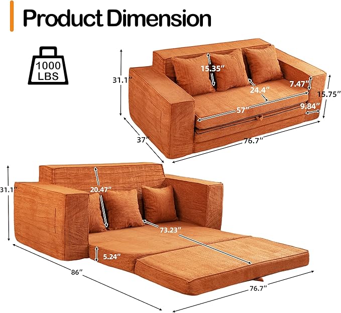 HOMREST 76" Convertible Memory Foam 3-seat Sofa, Pull Out Sleeper Sofa Bed, 2 in 1 Folding Couch Bed, Fold Out Floor Couch Corduroy Fabric with 3 Pillows for Living Room Bedroom Lounge (Brown)