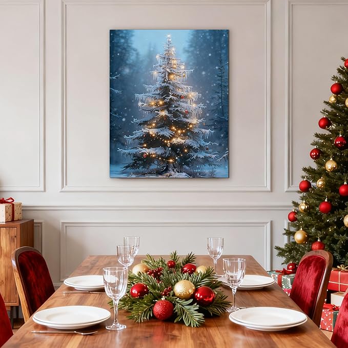 Framed Christmas Pictures Wall Decor,Vintage Pine Tree Prints,Winter Christmas Canvas Wall Art Decoration for Bedroom Bathroom Living Room Rustic Xmas Holiday Gifts (Christmas Tree 15, 16'' X 24'')
