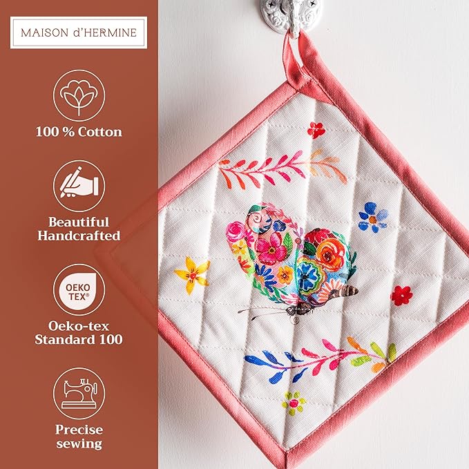 Maison d' Hermine Pot Holders Set 100% Cotton Heat Resistant Potholders 8" x 8" Hot Pads with Loop Cooking, Grilling, Kitchen, Handling Hot Pans Spring/Summer (Pack of 2, Happy Florals - High Summer)